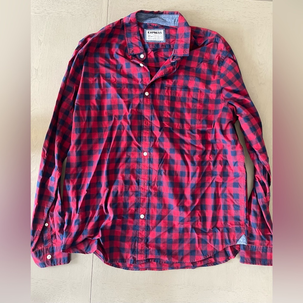Express Men's Red and Black Checkered Shirt